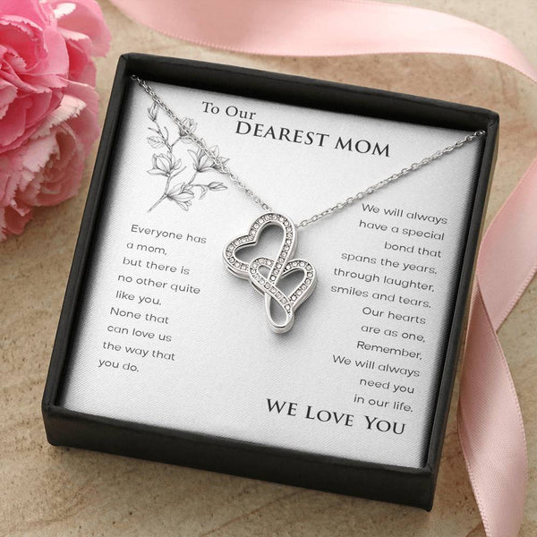 to Our Dearest Mom, We Love You from Your ChildrenDouble Heart Necklace with POD Message Card, Gift for Mom from Entire Family