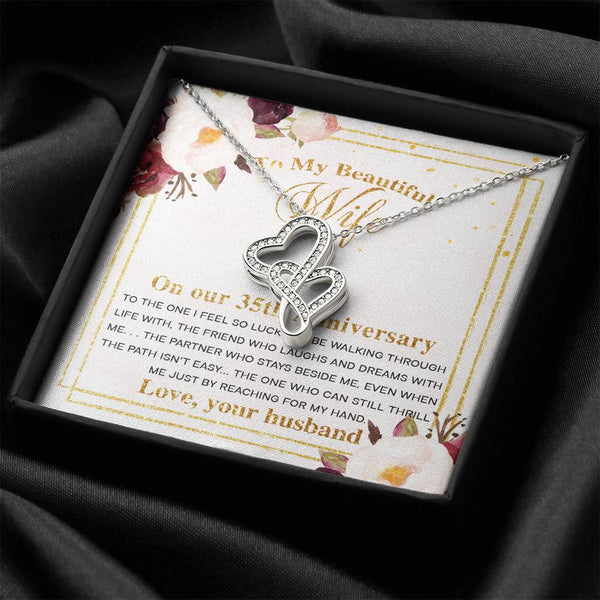 Symbolic Interlocked Hearts Pendant Necklace for Her, Romantic 35th Wedding, Gift Boxed Meaningful Message Jewelry, Double Heart Necklace with Message Card