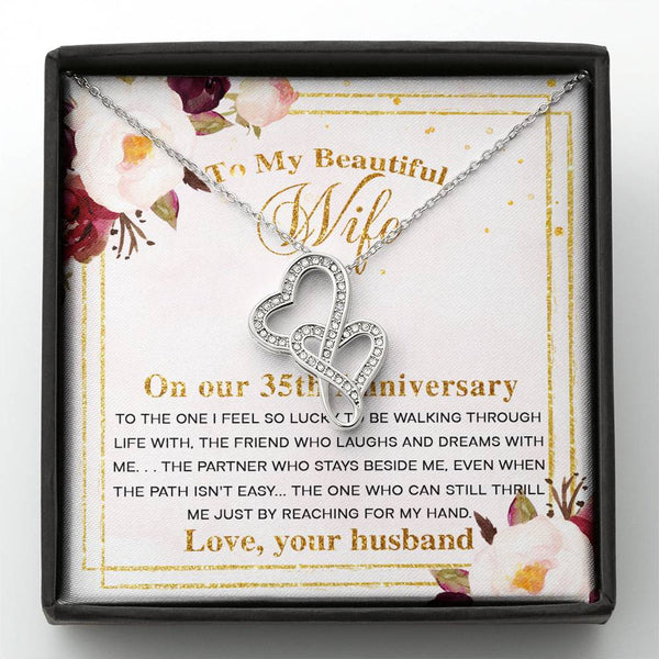 Symbolic Interlocked Hearts Pendant Necklace for Her, Romantic 35th Wedding, Gift Boxed Meaningful Message Jewelry, Double Heart Necklace with Message Card