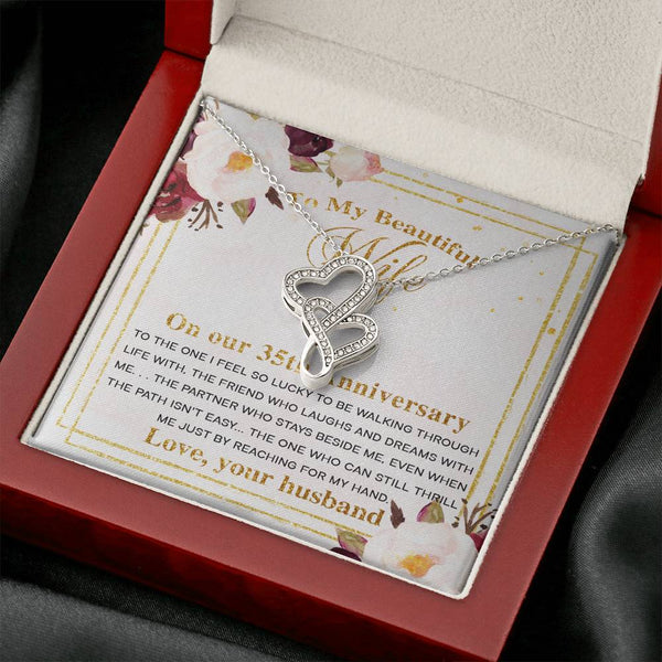 Symbolic Interlocked Hearts Pendant Necklace for Her, Romantic 35th Wedding, Gift Boxed Meaningful Message Jewelry, Double Heart Necklace with Message Card