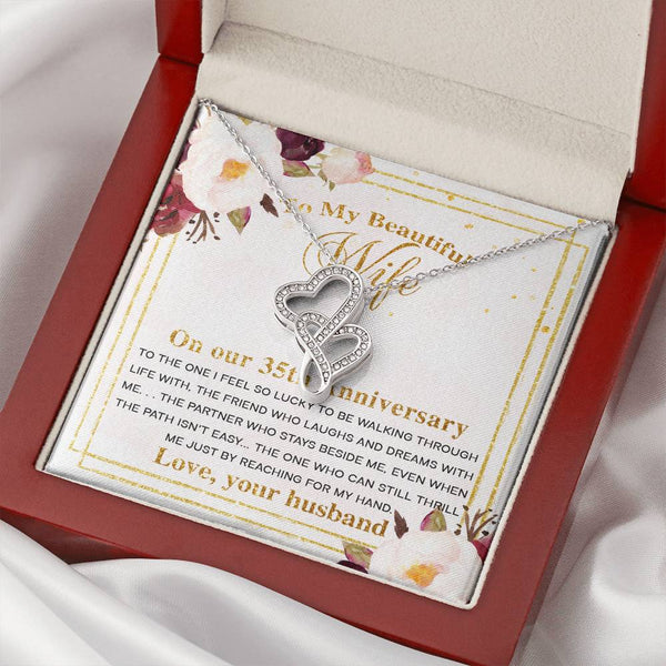Symbolic Interlocked Hearts Pendant Necklace for Her, Romantic 35th Wedding, Gift Boxed Meaningful Message Jewelry, Double Heart Necklace with Message Card