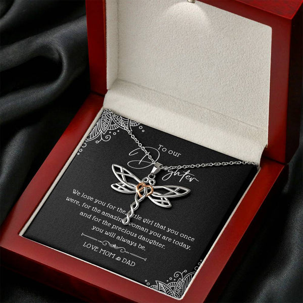 to Our Daughter, Gift for Daughter from Parents, Rose Gold & Stainless Steel Dragonfly Animal Pendant Necklace, Anxiety Necklace Gift, Dragonfly Dreams Necklace with Message Card