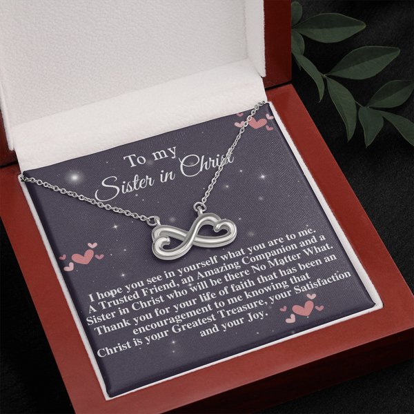 Sister in Christ Christian Everlasting Love Necklace Birthday Gift for Religious Women Study Group Friend of Pastors Wife Mom with Bible, Infinity Hearts Necklace with Message Card