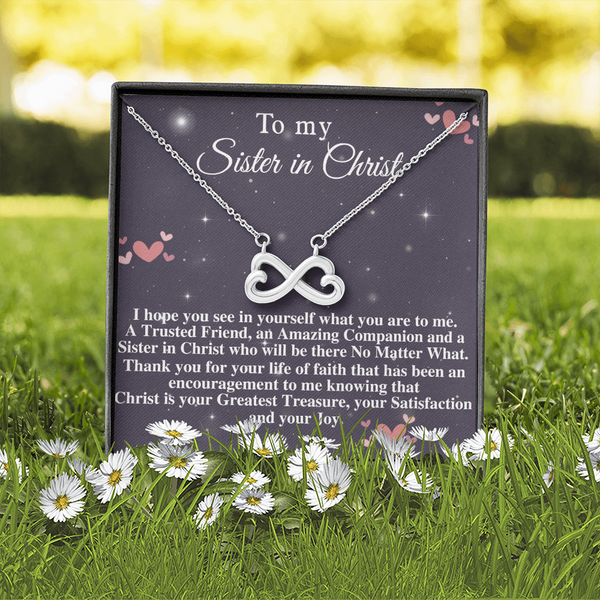 Sister in Christ Christian Everlasting Love Necklace Birthday Gift for Religious Women Study Group Friend of Pastors Wife Mom with Bible, Infinity Hearts Necklace with Message Card