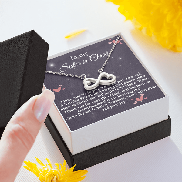 Sister in Christ Christian Everlasting Love Necklace Birthday Gift for Religious Women Study Group Friend of Pastors Wife Mom with Bible, Infinity Hearts Necklace with Message Card