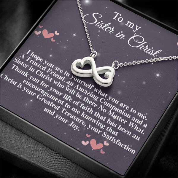 Sister in Christ Christian Everlasting Love Necklace Birthday Gift for Religious Women Study Group Friend of Pastors Wife Mom with Bible, Infinity Hearts Necklace with Message Card