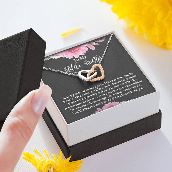 to My Little Sister Hearts Necklace, Little Sister Gift, Little Sister Jewelry Necklace, Gift for Little Sister, Side by Side or Miles Apart, Interlocking Hearts Necklace with Message Card