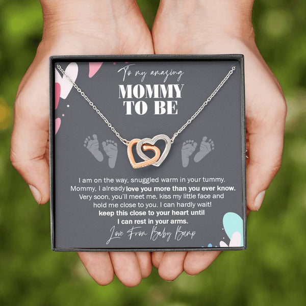 to My Mommy to Be, Never-Ending Love from Baby Bump Necklace, Interlocking Hearts Necklace with On Demand Message Card, Pregnancy Gift for Friend, Gift for First Time Mom, Pregnancy Gift Ideas