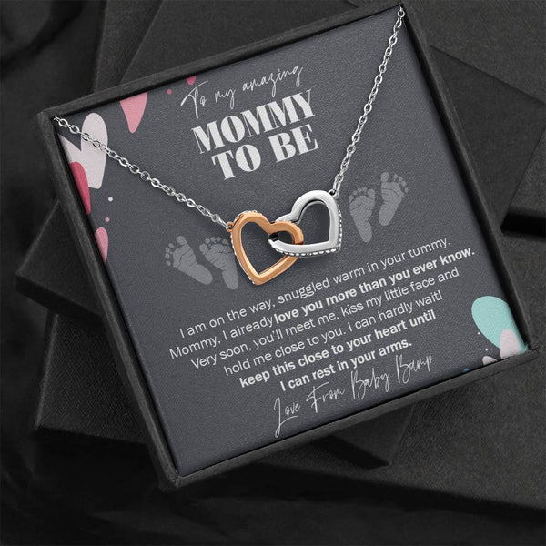 to My Mommy to Be, Never-Ending Love from Baby Bump Necklace, Interlocking Hearts Necklace with On Demand Message Card, Pregnancy Gift for Friend, Gift for First Time Mom, Pregnancy Gift Ideas