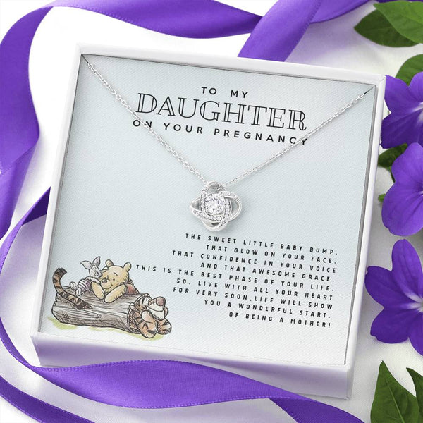 Daughter Pregnancy Gift, Winnie The Pooh, Mom to Be Gift for Daughter, Expecting Mom Gift, Pregnant Daughter Gift from Mom, Love Knot Necklace with Message Card