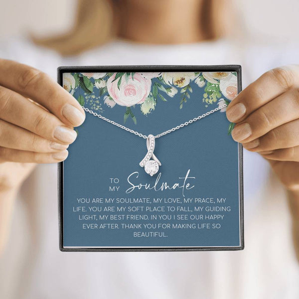 to My Soulmate Necklace, Gift for Girlfriend, Soul Mate Gift, Romantic Valentine Gift for Her, White Gold Necklace, Alluring Beauty Necklace with Message Card