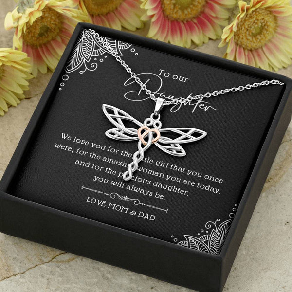 to Our Daughter, Gift for Daughter from Parents, Rose Gold & Stainless Steel Dragonfly Animal Pendant Necklace, Anxiety Necklace Gift, Dragonfly Dreams Necklace with Message Card