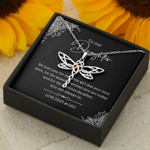 to Our Daughter, Gift for Daughter from Parents, Rose Gold & Stainless Steel Dragonfly Animal Pendant Necklace, Anxiety Necklace Gift, Dragonfly Dreams Necklace with Message Card