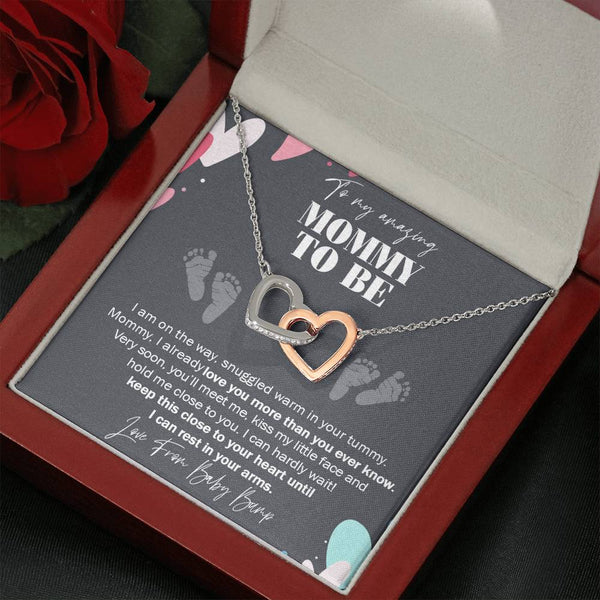to My Mommy to Be, Never-Ending Love from Baby Bump Necklace, Interlocking Hearts Necklace with On Demand Message Card, Pregnancy Gift for Friend, Gift for First Time Mom, Pregnancy Gift Ideas